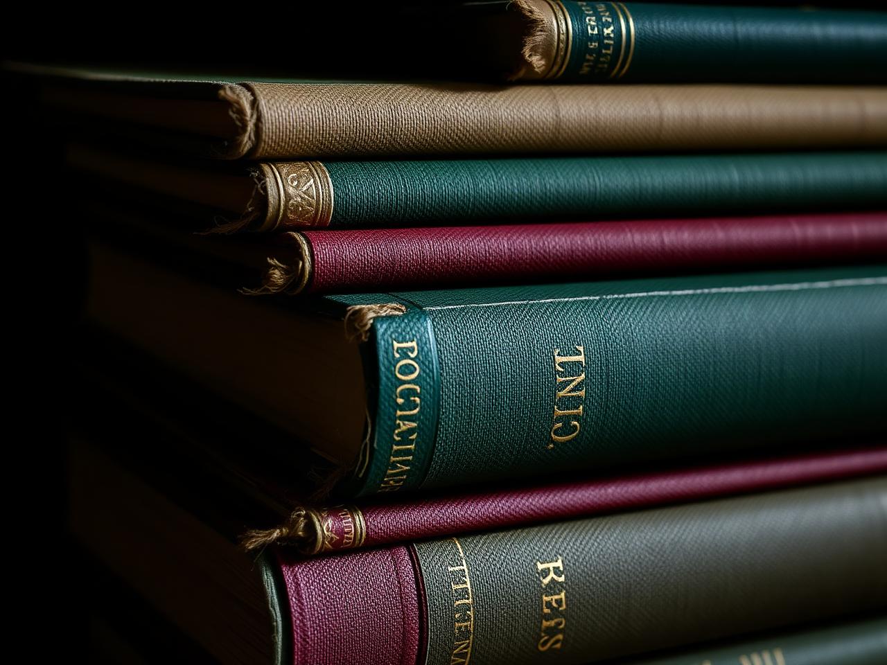 Stacked hardcover books with cloth covers and gold foil titles
