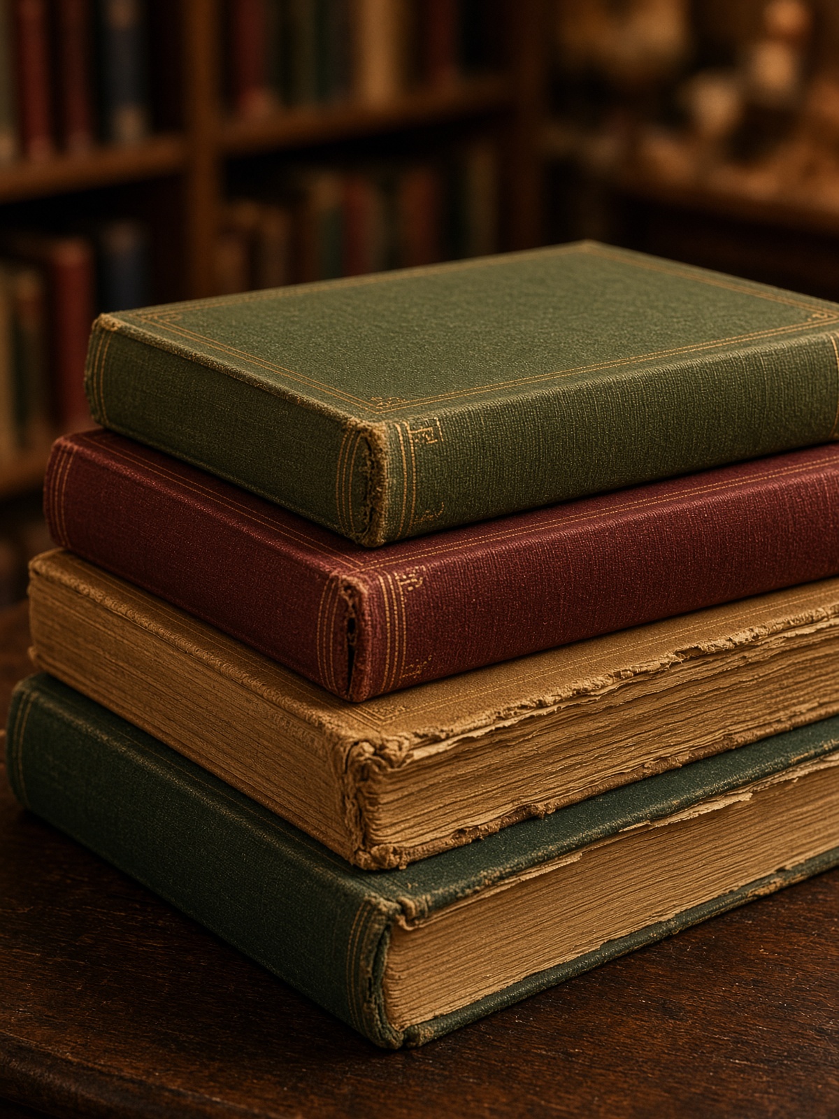 Stacked hardcover books with cloth covers and gold foil titles