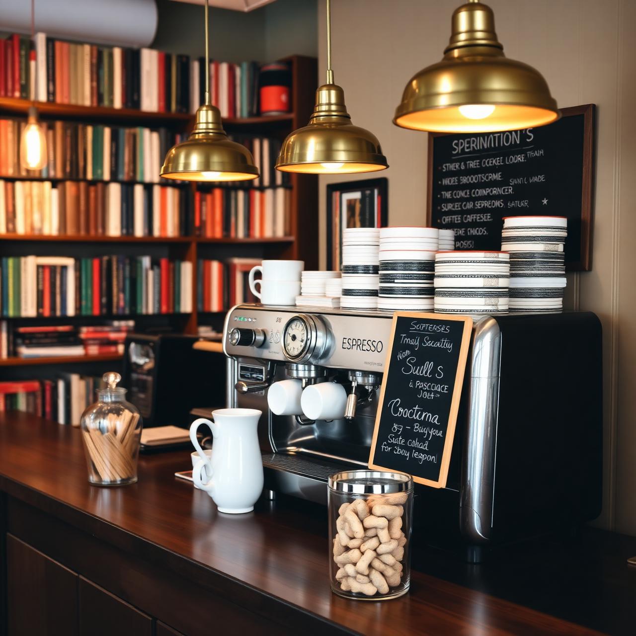 Bookstore coffee bar with brass pendant lights