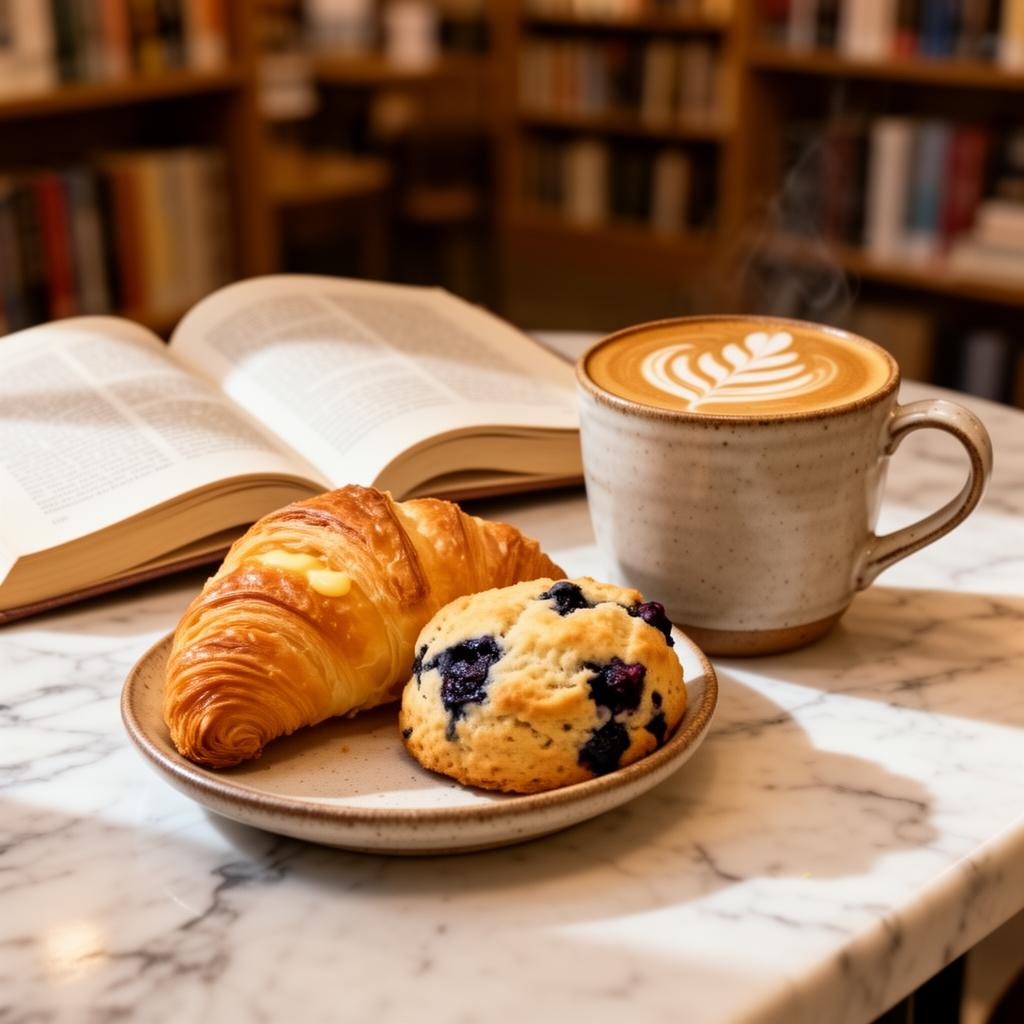Flaky butter croissant and blueberry scone beside a latte with leaf rosetta art on a marble counter