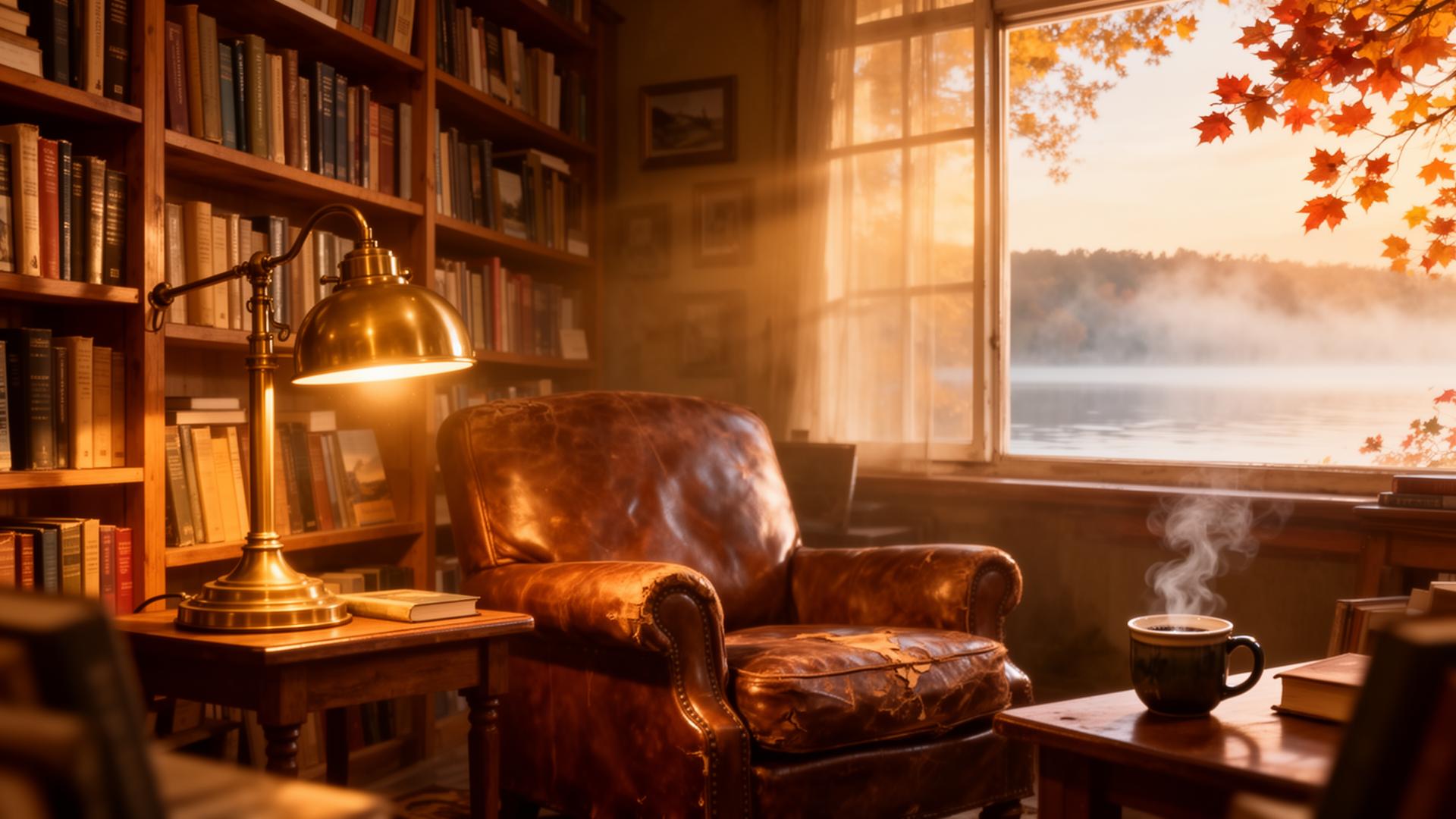 Cozy bookstore interior at golden hour with leather armchair, brass lamp, and view of Lake Cumberland through the window