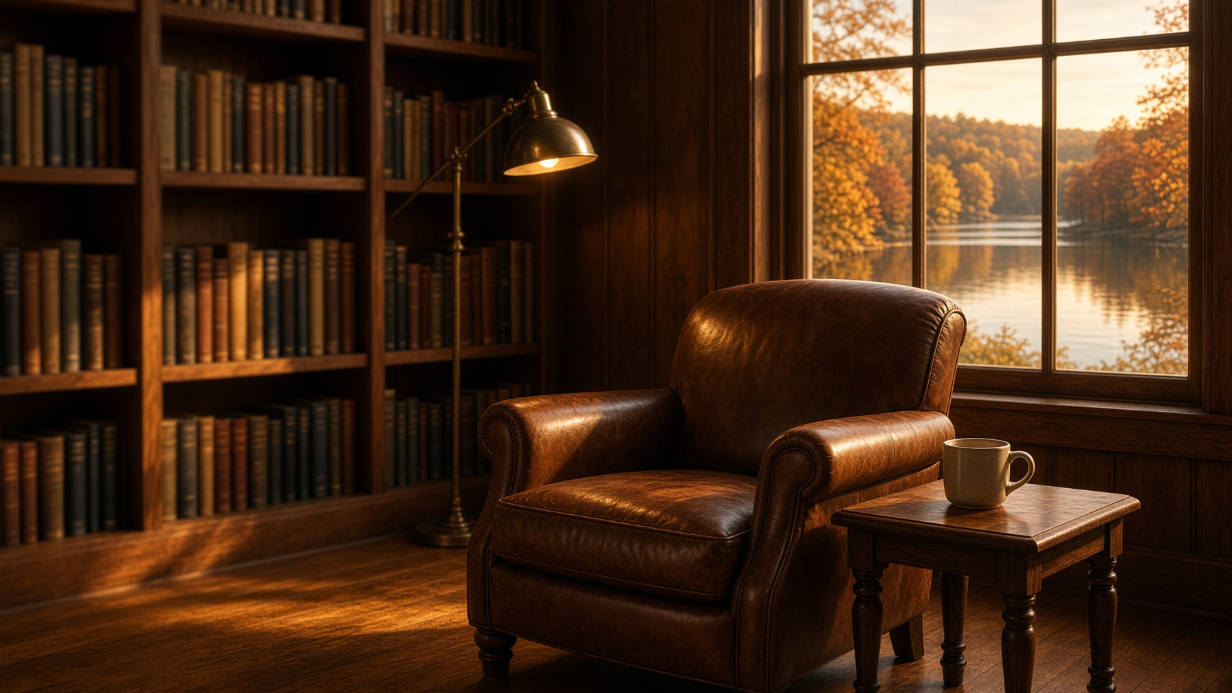 Well-kept Kentucky bookshop at golden hour: chestnut leather armchair, brass lamp, and Lake Cumberland through the window