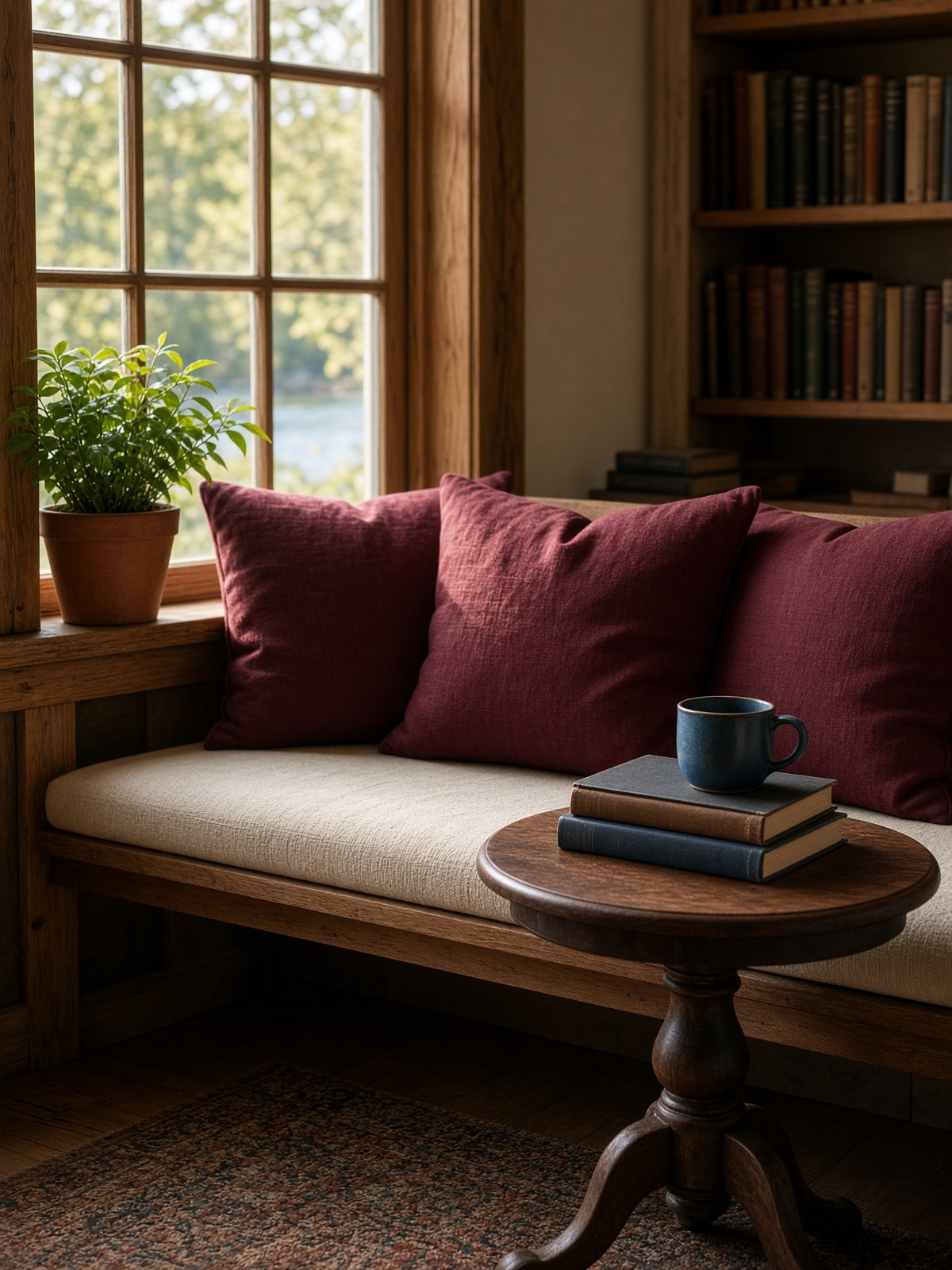 Window reading nook with burgundy cushions and a coffee mug
