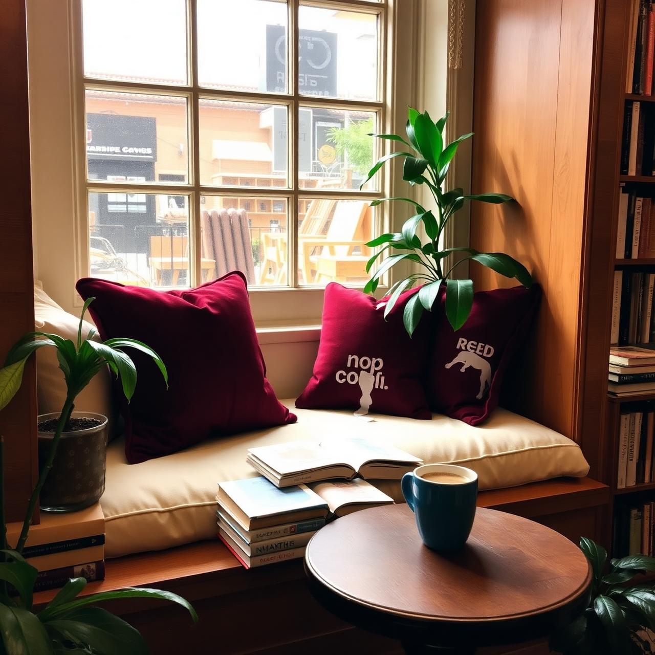 Window reading nook with burgundy cushions and a coffee mug